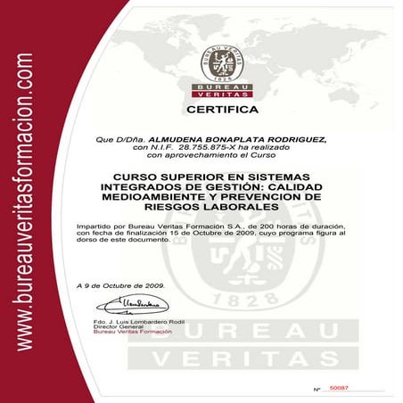 Bureau Veritas - Curso sistemas integrados de gestión - 2009 certificado