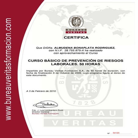 Bureau Veritas - Prevención de riesgos laborales - 2010 certificado