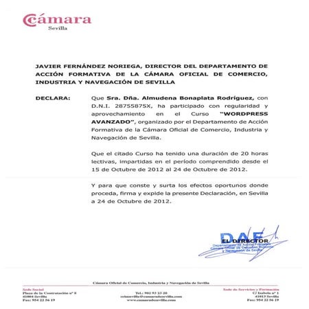 Cámara de Comercio de Sevilla - Curso Wordpress avanzado - 2012 certificado