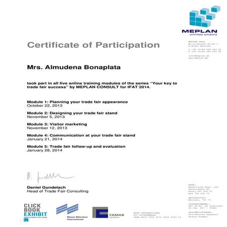Meplan - Trade fair success - 2014 certificate