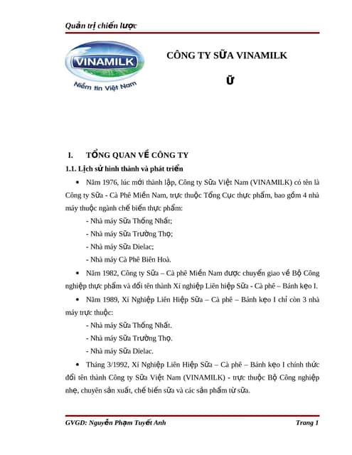 Bài tập nhóm môn Quản trị chiến lược "Công ty sữa Vinamilk"