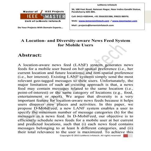 A location  and diversity-aware news feed system for mobile users