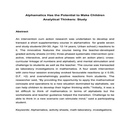 Alphamatics Has the Potential to Make Children  Analytical Thinkers: Study