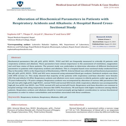 Alteration of Biochemical Parameters in Patients with Respiratory Acidosis and Alkalosis: A Hospital Based CrossSectional Stud