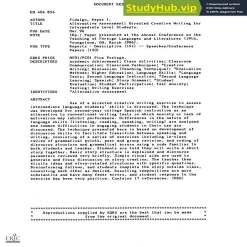 Alternative Assessment  Directed Creative Writing For Intermediate Level Stud...