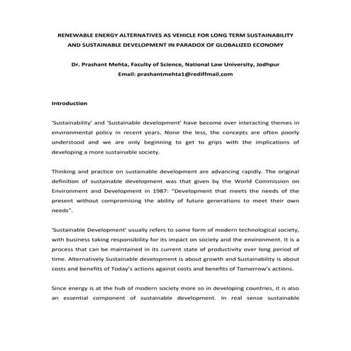 RENEWABLE ENERGY ALTERNATIVES AS VEHICLE FOR LONG TERM SUSTAINABILITY AND SUSTAINABLE DEVELOPMENT IN PARADOX OF GLOBALIZED ECONOMY