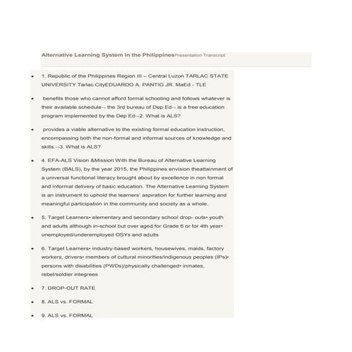 Alternative learning system in the philippines presentation transcript