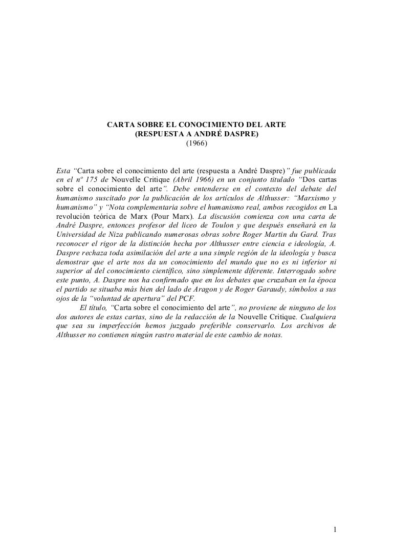 Althusser carta conocimiento arte