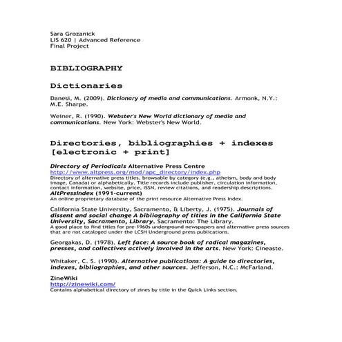 Bibliography: Zines & Alternative Press