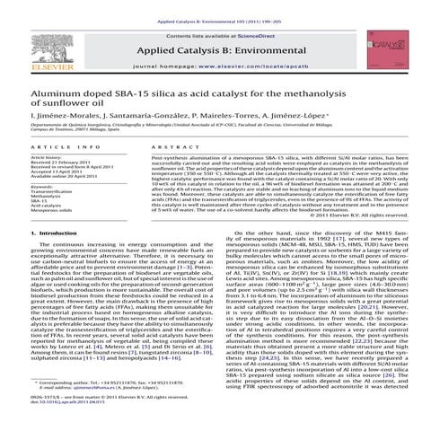 Aluminum doped sba 15 silica as acid catalyst for the methanolysis of sunflow...