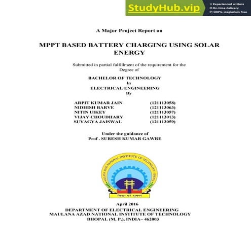 A Major Project Report On MPPT BASED BATTERY CHARGING USING SOLAR ENERGY