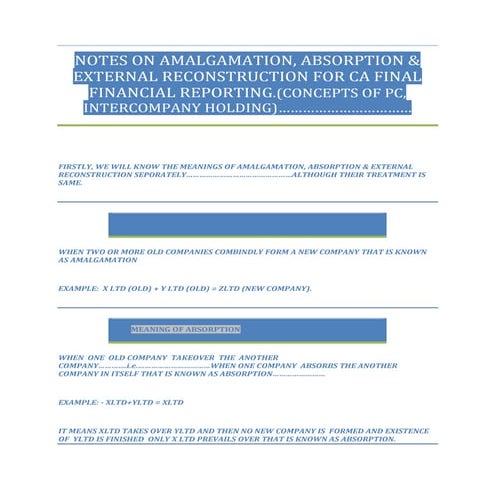 NOTES ON AMALGAMATION, ABSORPTION & EXTERNAL RECONSTRUCTION FOR CA FINAL 