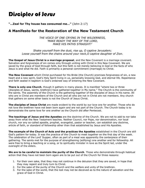 A Manifesto  For The Restoration Of The Nt Church