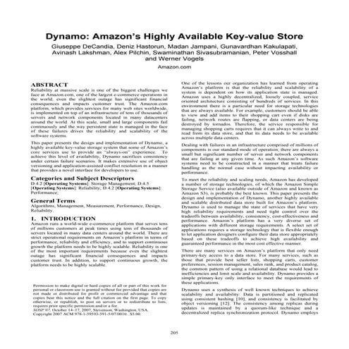 Amazon的分布式Key Value存储系统(Dynamo)的论文