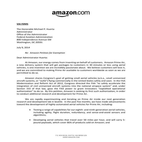 Amazon Prime Air: Drone Delivery Petition (FAA)