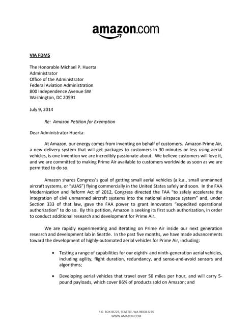 Amazon Prime Air: Drone Delivery Petition (FAA)
