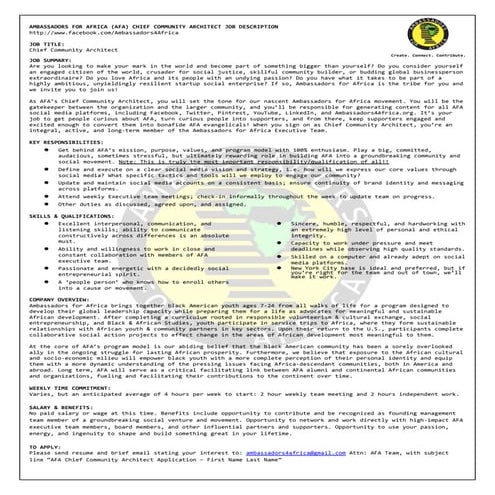 Ambassadors for Africa Chief Community Architect Job Description