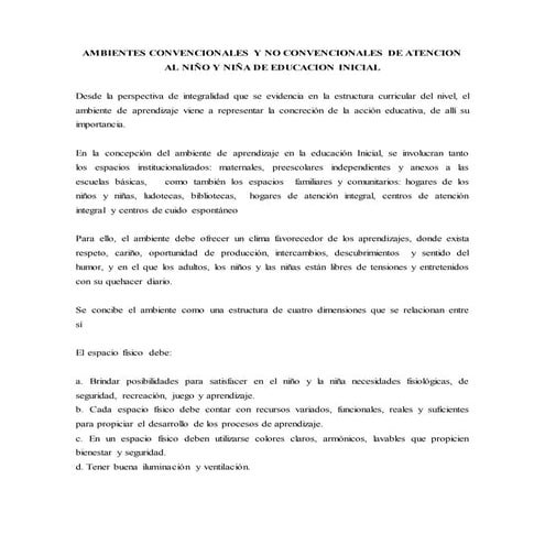 Ambientes convencionales y no convencionales de atencion al niño y niña de ed...