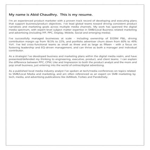 Abid Chaudhry Bio + Resume Spring 2015