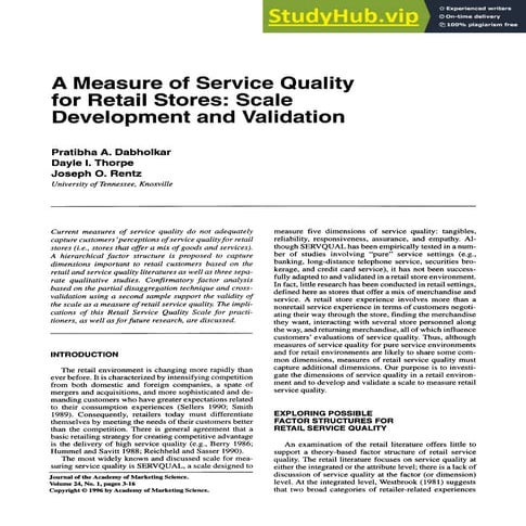 A Measure Of Service Quality For Retail Stores  Scale Development And Validation