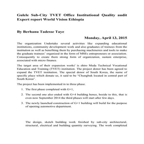 Amended this week brief work progress report about shiro meda tvet institute