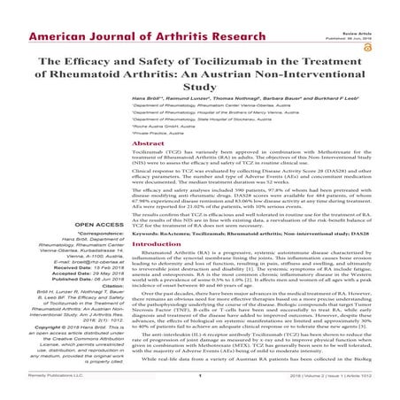 The Efficacy and Safety of Tocilizumab in the Treatment of Rheumatoid ...