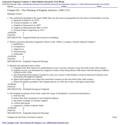 American Pageant Volume 1 16th Edition Kennedy Test Bank