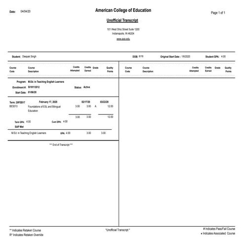 American College of Education Transcript of Deepak (Danny) Singh | PPT