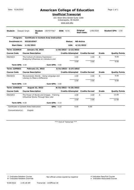 American College of Education Transcript of Deepak (Danny) Singh | PPT
