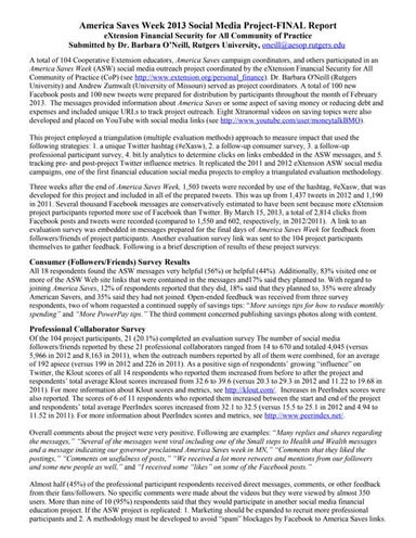 America Saves Week 2013 eXtension Social Media Project Final Report With Data...