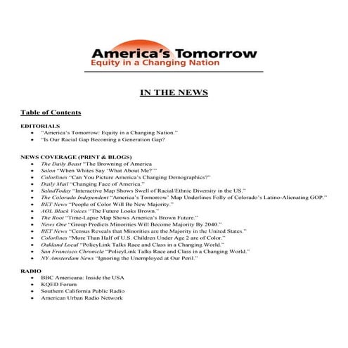 America's Tomorrow Press Coverage May-July 2011