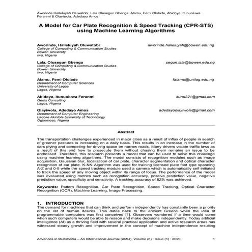 A Model for Car Plate Recognition & Speed Tracking (CPR-STS) using Machine Le...