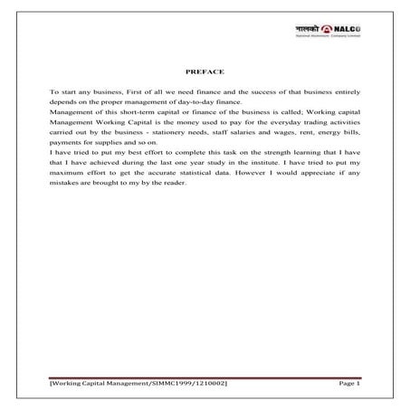 WORKING CAPITAL MANAGEMENT AT NALCO