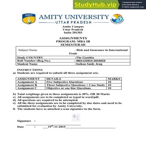Amity Campus Uttar Pradesh India 201303 ASSIGNMENTS PROGRAM MBA IB ...