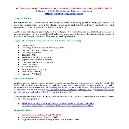 Call for Research Articles - 6th International Conference on Advanced Machine Learning (AMLA 2025)