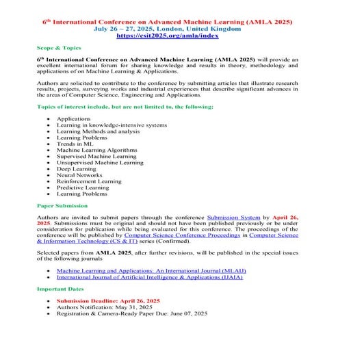 6th International Conference on Advanced Machine Learning (AMLA 2025)