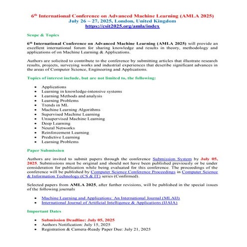 6th International Conference on Advanced Machine Learning (AMLA 2025) | PDF