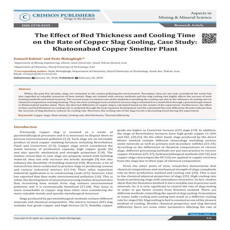 The Effect of Bed Thickness and Cooling Time on the Rate of Copper Slag Cooling, Case Study: Khatoonabad Copper Smelter Plant-Crimson Publshers