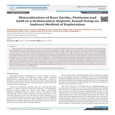 Mineralization of Rare Earths, Platinum and Gold in a Sedimentary Deposit, Found Using an Indirect Method of Exploration-Crimson Publishers