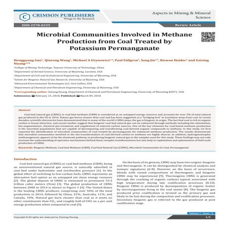Microbial Communities Involved in Methane Production from Coal Treated by Potassium Permanganate-Crimson Publishers