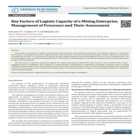 Key Factors of Logistic Capacity of a Mining Enterprise, Management of Processes and Their Assessment_ Crimson Publishers 