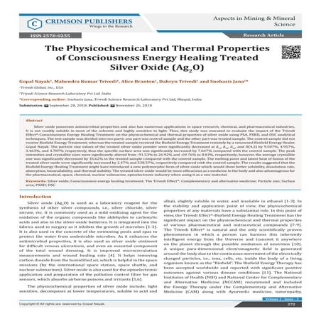 The Physicochemical and Thermal Properties of Consciousness Energy Healing Treated Silver Oxide (Ag2O)