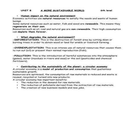 A MORE SUSTAINABLE WORLD UNIT Science 6th