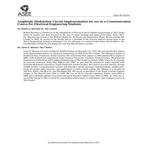 Amplitude Modulation Circuit Implementation for use in a Communication Course...