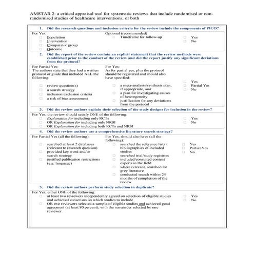 AMSTAR 2 Systematic Review Checklist (Sample Answers - March 15, 2018 webinar) 