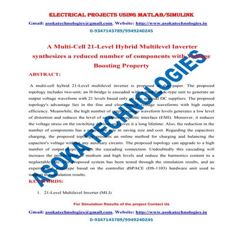 A multi cell 21-level hybrid multilevel inverter synthesizes a reduced number...