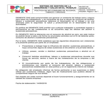 An sst-02 politica de no consumo de alcohol, tabaco y drogas | DOC