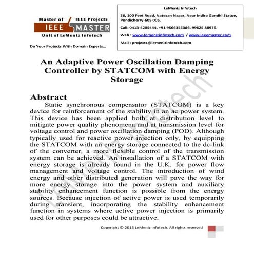 An adaptive power oscillation damping controller by statcom with energy storage