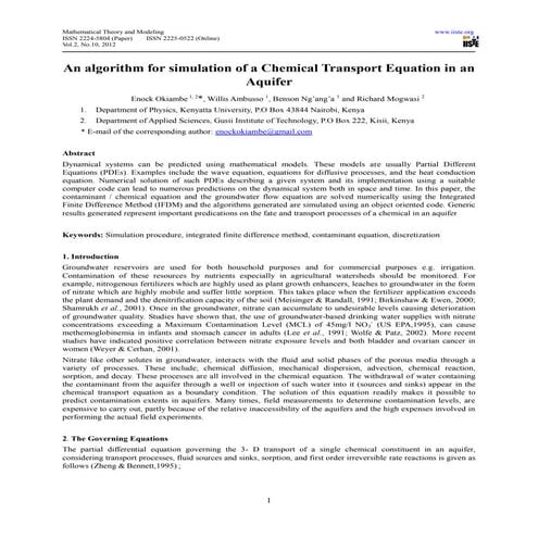 An algorithm for simulation of achemical transport equation in an aquifer fin...