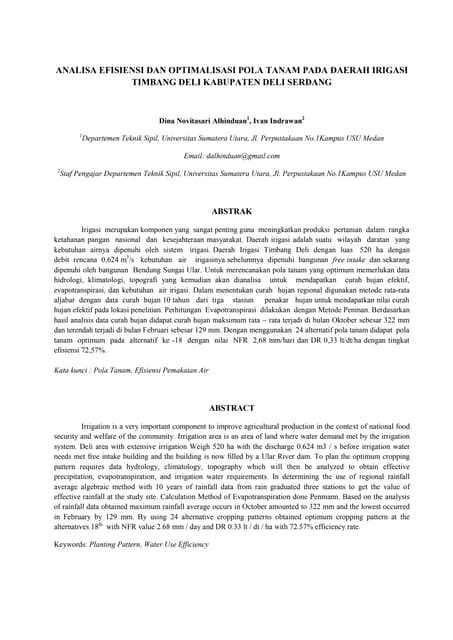 Analisa efisiensi dan optimalisasi pola tanam pada daerah irigasi